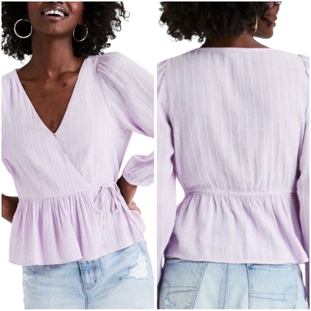 American Eagle Small Purple Crop Wrap Long Sleeve Blouse